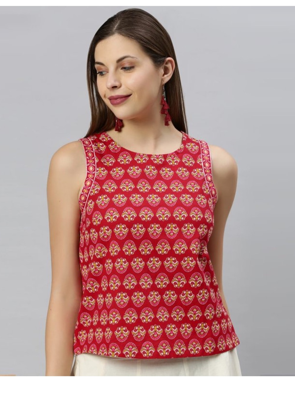 Janasya Indian Round Neck Sleeveless Floral Print Red Cotton Top size XL